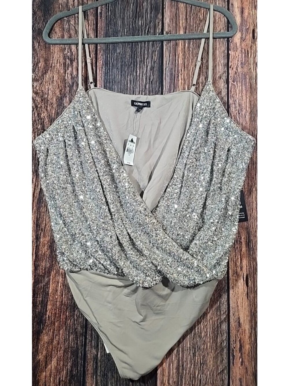 Express Sequin Faux Wrap Bodysuit Taupe Silver Thong Adjustable Women's XL New